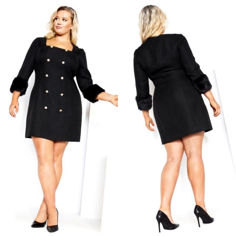 NEW Plus Size CITY CHIC Black TWEED Gold Button FUR CUFF Mini MICHELLE DRESS 18